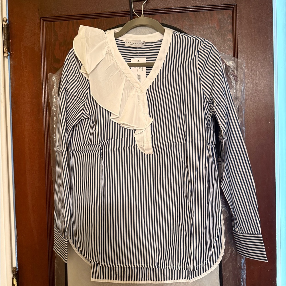 Chic Blue and White Striped Blouse with Ruffle Accent